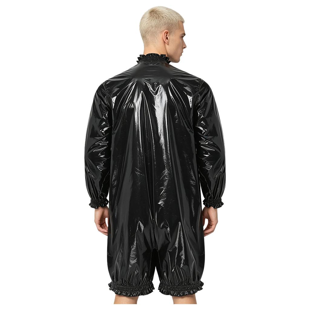 Front Zipper Mock Neck Long Sleeve Ruffled Bodysuit for Men Waterproof Vinyl Swimwear Clubwear Diaper Cover Short Bottoms