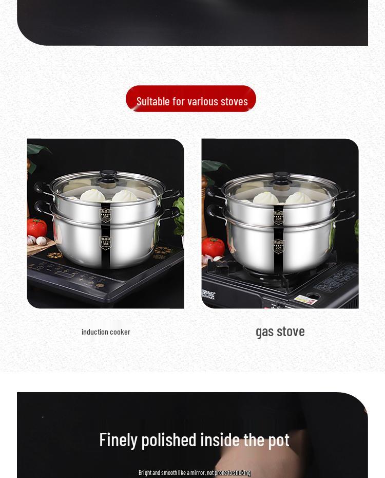 Thickened 304 Stainless Steel Soup & Milk Pot with Steamer for Induction & Gas Cookers