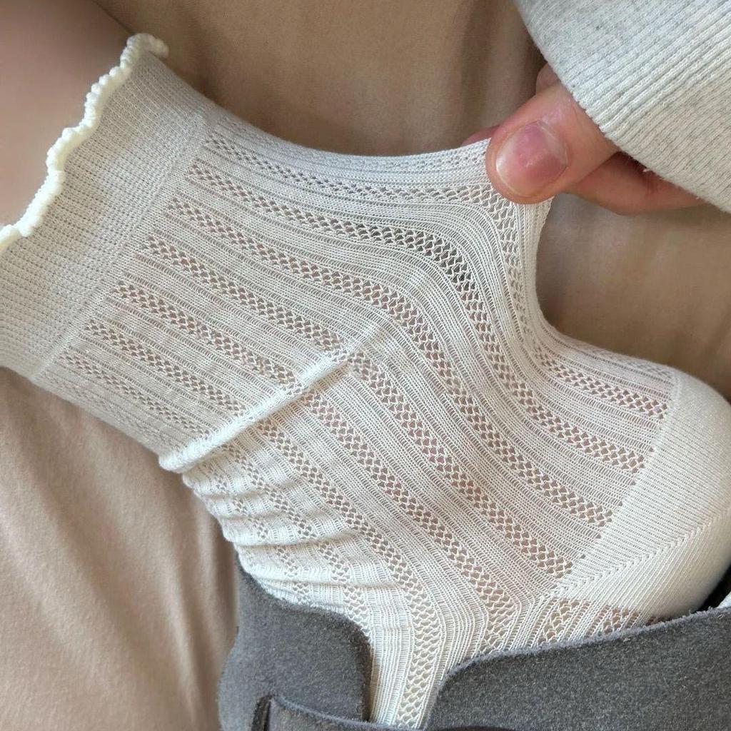 White Breathable Lace Mesh Mid-Calf Socks - Anti-Odor Summer Slouchy Design