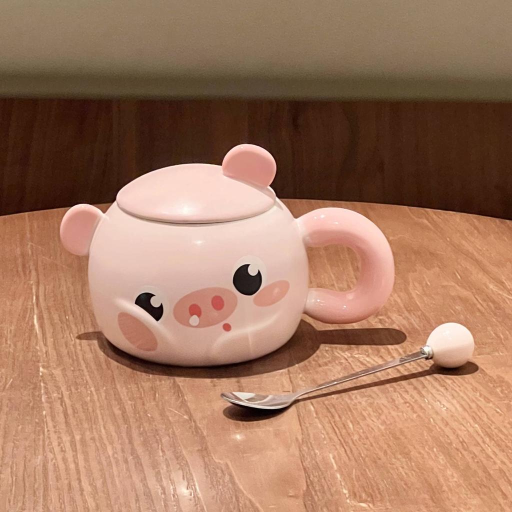 Cute Cartoon Piggy Ceramic Cup Girl Heart Mug with Lid Spoon Office Coffee Mug Birthday Gift