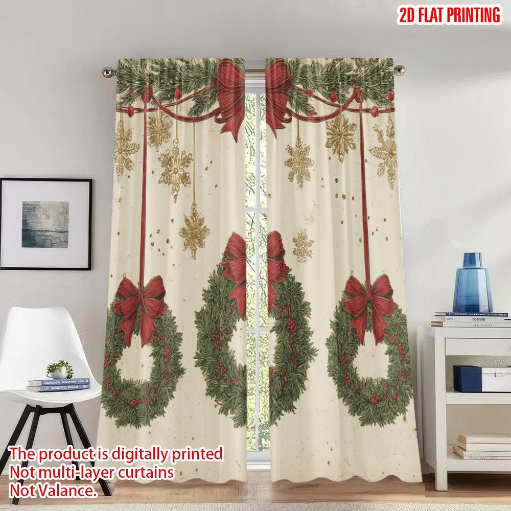 

2pcs 2D flat printing Christmas Party Curtains Christmas Wreaths Red Bows Digital Printed Polyester Drapes Festive Holiday 100*130 HOOK 1pcs