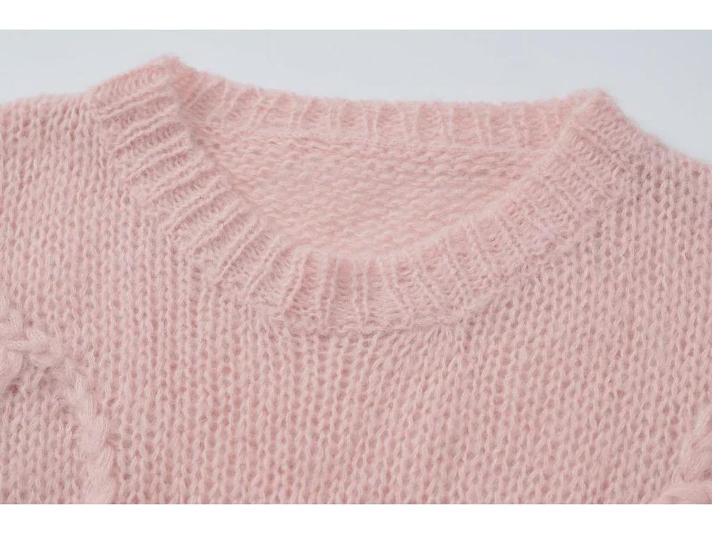 2024 Autumn Solid Color Wool Sweater: Cozy Long-Sleeved Knit with Irregular Embroidery for a Stylish Commute