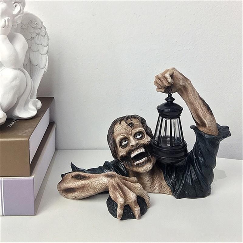 Horror Zombie Crawling Out of Grave with Led Lantern Halloween Garden Decor Statues Movie Walking Dead Creepy