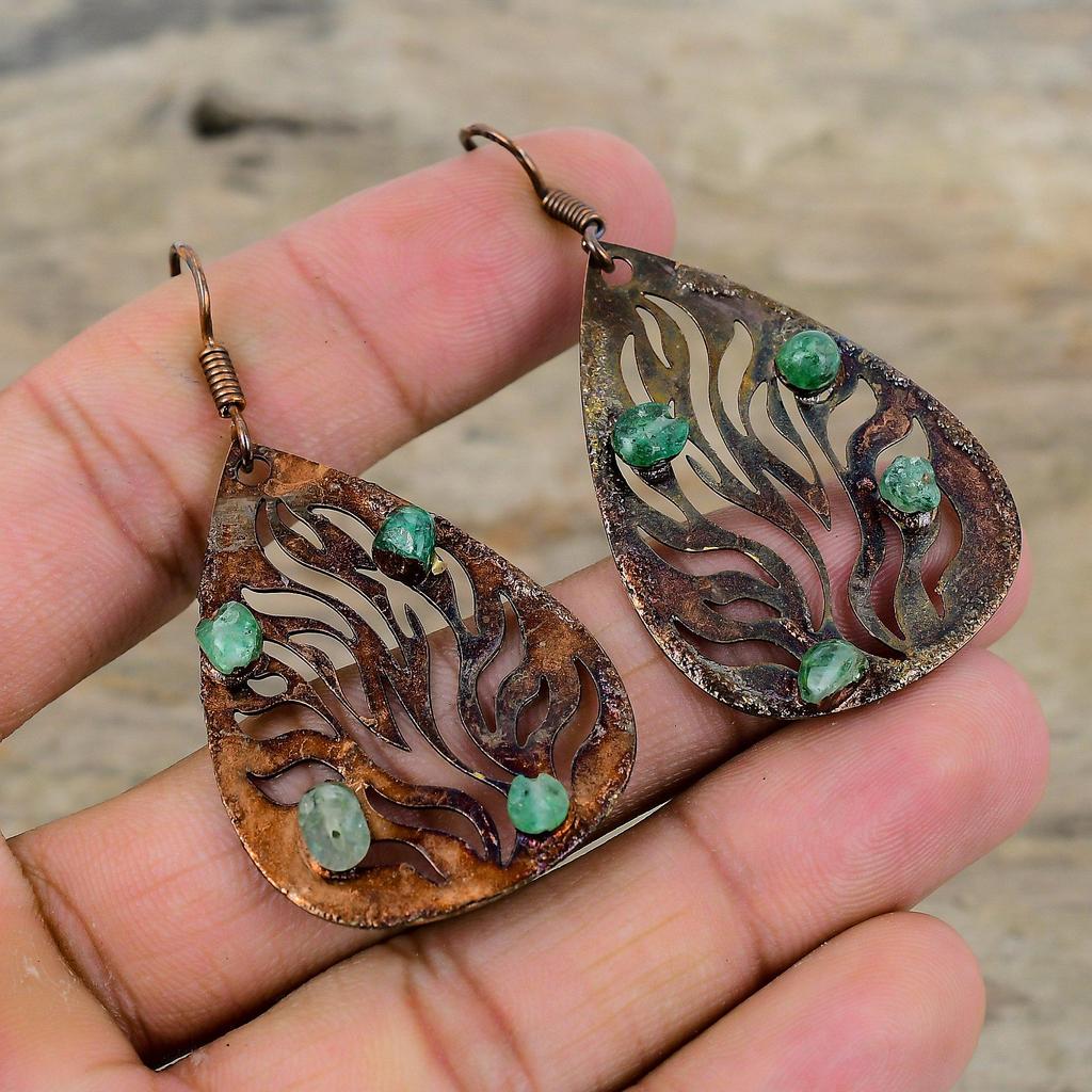 Green Tourmaline Rough Gemstone Earring Electroformed Copper Earrings Handmade Jewelry Decent Earrings For Gift Electroformed Copper Jewelry
