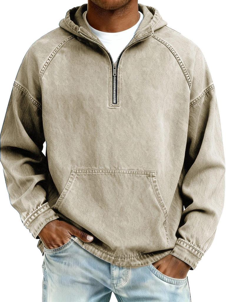 Men's Washed Old Solid Color Loose Half-Zip Hoodie with Hood - Autumn/Winter 2025 Collection