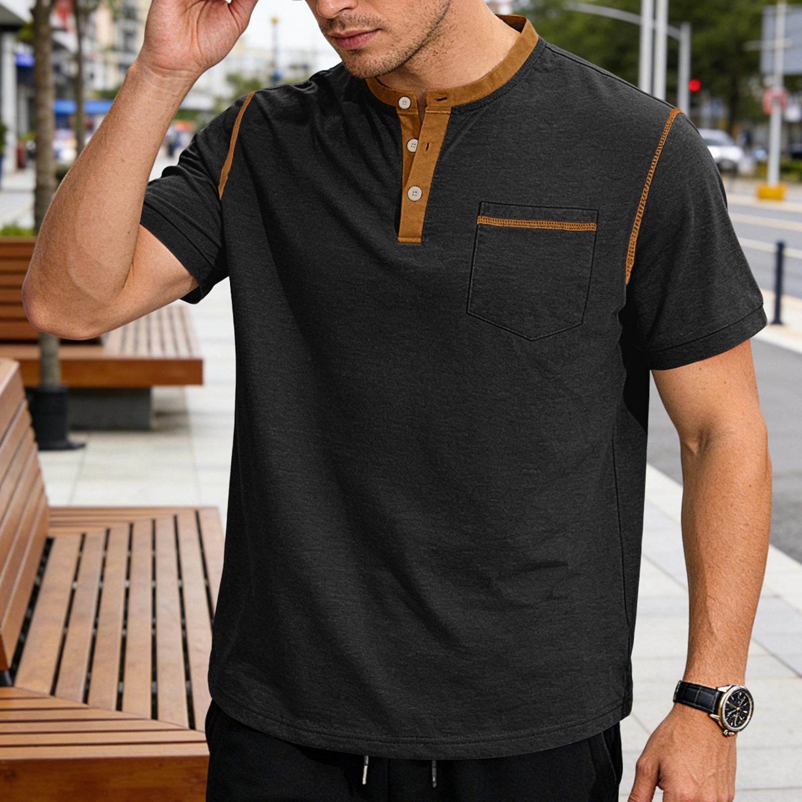 

Мужская повседневная футболка с коротким рукавом, воротником и цветовыми блоками L чёрный