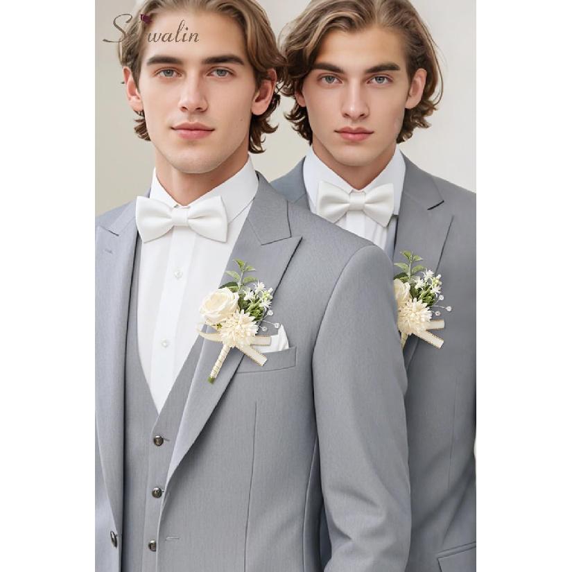 Serwalin 2 Pcs White Boutonniere for Men, Groom Groomsmen Best Man Guest Boutonnieres, Artificial Flowers Silk Rose for Wedding Prom Ceremony
