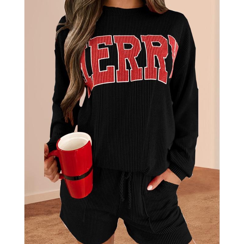 

women s Ribbed Letter Print Long Sleeve Sweatshirt Drawstring Shorts Set Casual 2 Piece Outfit Tracksuit S чёрный