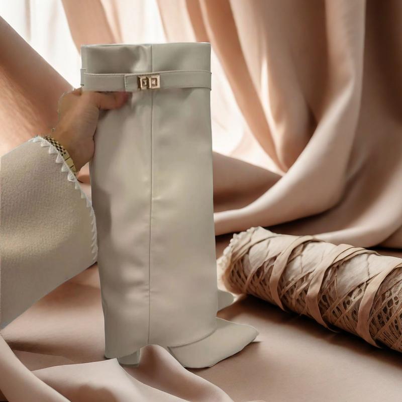 Elegant High Heel Mid-Calf Boots with Metal Buckles for Formal Banquets, Stylish Riding Boots for Women, Chunky Heel Dress Boots