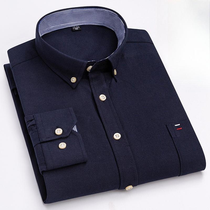 Men's Oxford Long Sleeve Square Collar Soild Plaid Striped Summer Casual Shirts Single Pocket  Shirt