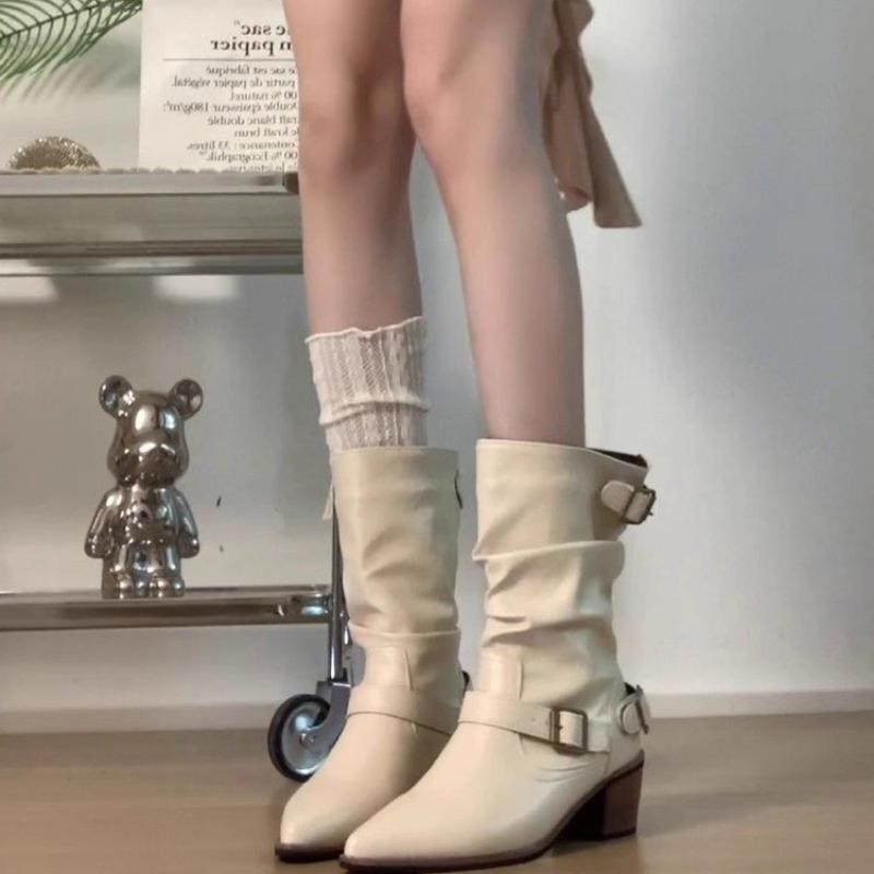 

Ботинки Женские Летние Новые Премиум Пряжка Ремня Ботинки Мартин Острый Носок Толстый Каблук Ботинки на Меху Западные Ковбойские Ботинки 39