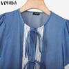 VONDA Women Casual Short Sleeve Lace Patchwork Bow Knot Cropped Blouse