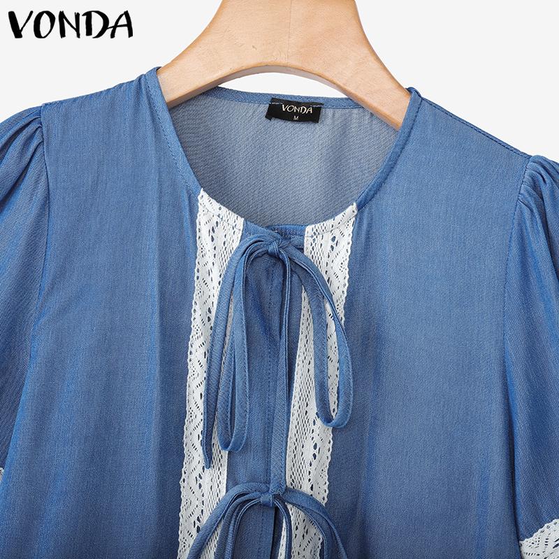 VONDA Women Casual Short Sleeve Lace Patchwork Bow Knot Cropped Blouse