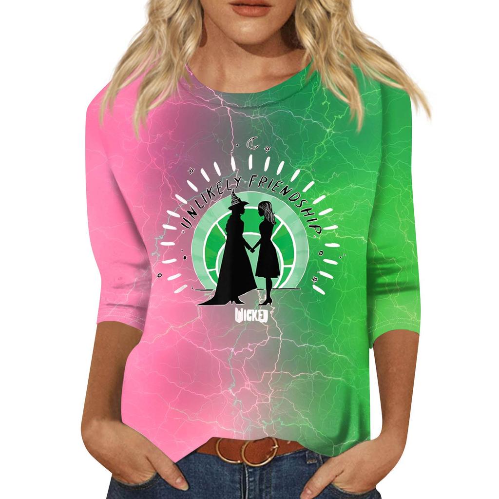 Women's Fashionable Casual Three-Quarter Sleeve Printed Round Neck Top