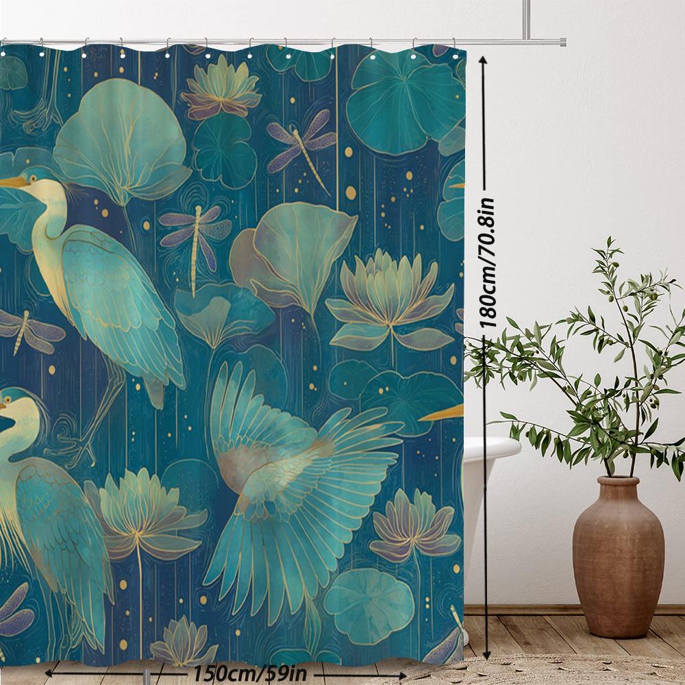 Tenda da Doccia Airone & Loto – Stampa Acquerello Art Nouveau con Libellule su Sfondo Blu Petrolio Intenso, 12 Ganci, 70,87×70,87 Pollici
