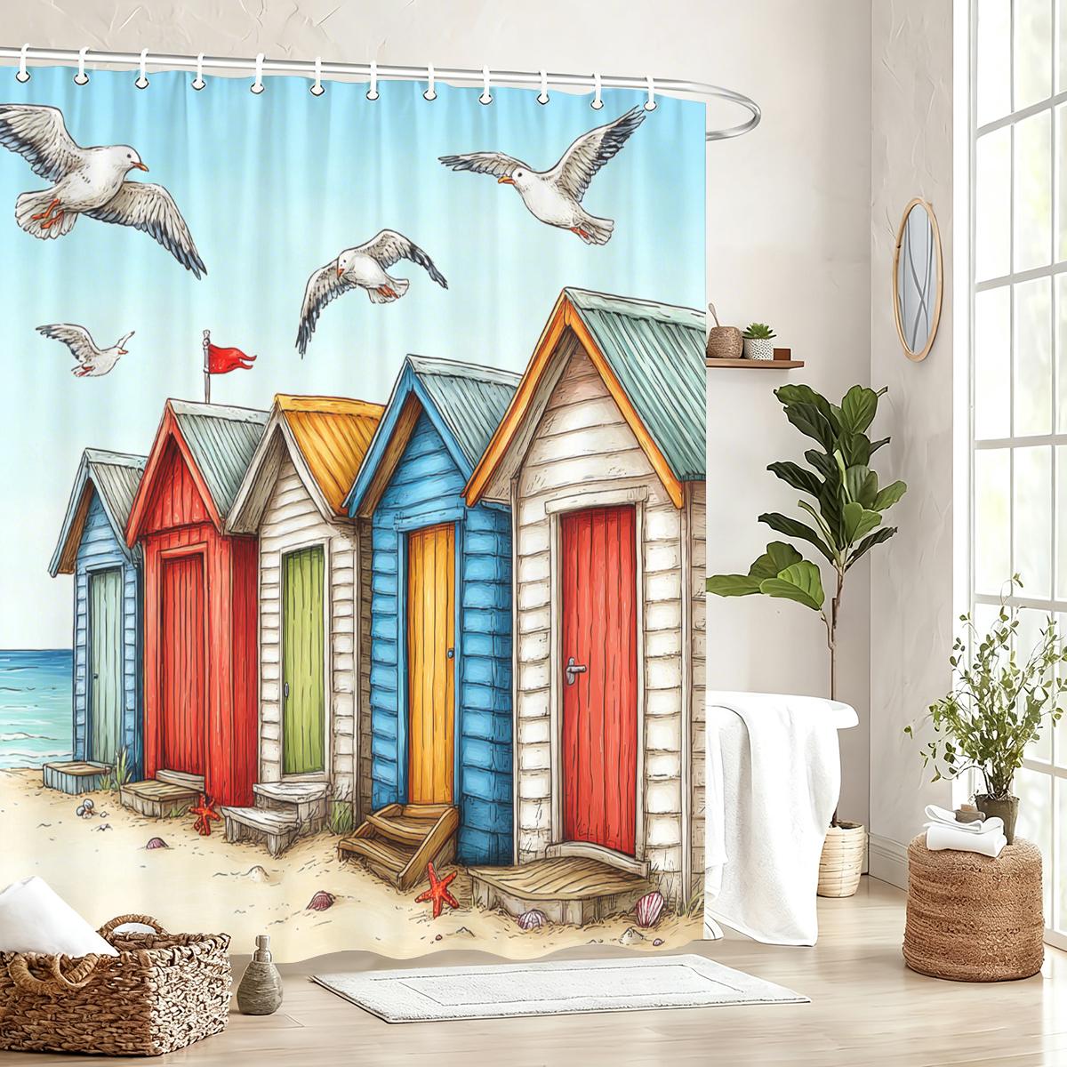 Bathtub Curtain Vibrant Beach Hut & Seagull Pattern Polyester Shower Curtain - Nautical Style Bathroom Decor Fabric W60H190(CM)-1 Pcs
