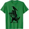 Black Animals Funny Cat with Crow Catches Fish Japanese Art T-Shirt