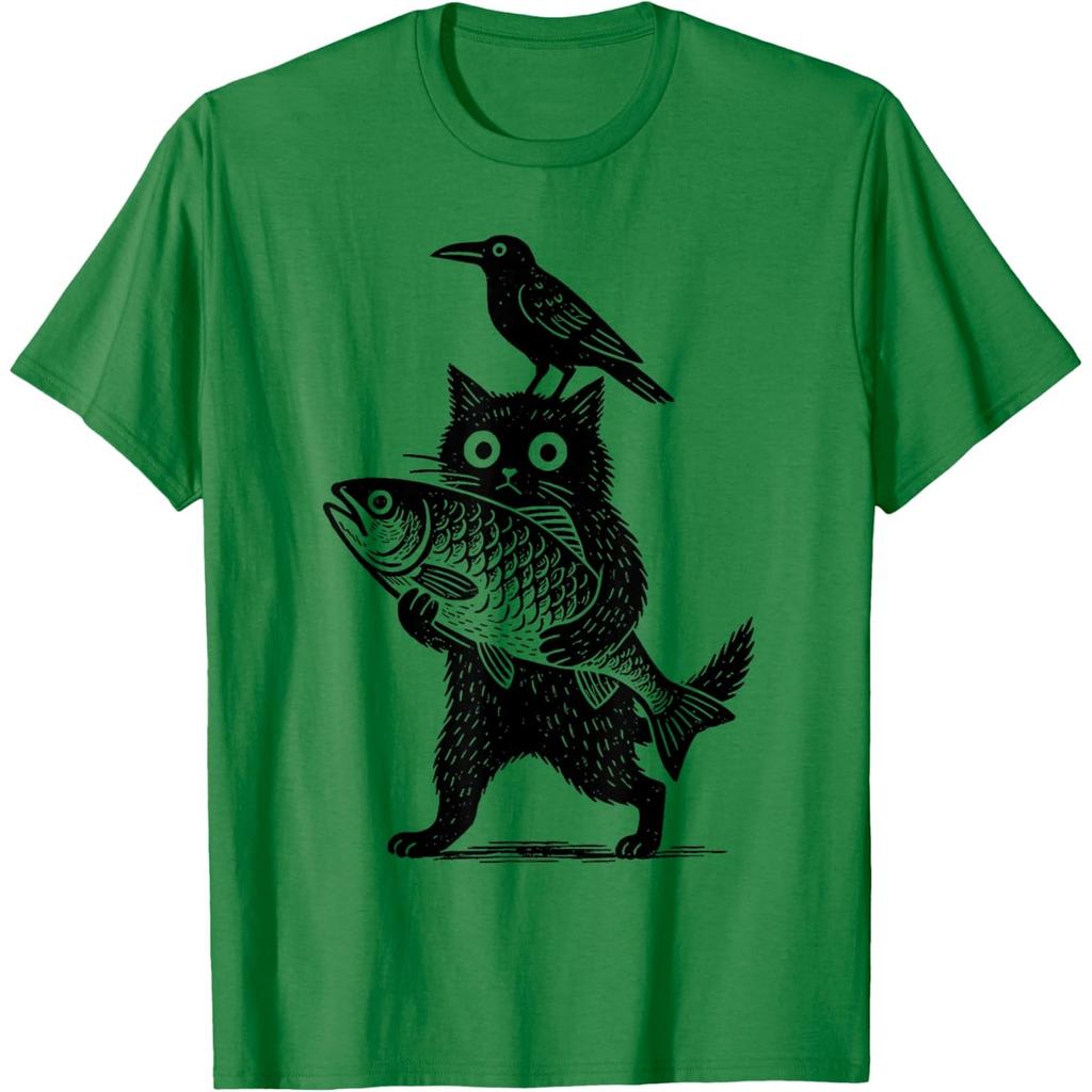Black Animals Funny Cat with Crow Catches Fish Japanese Art T-Shirt