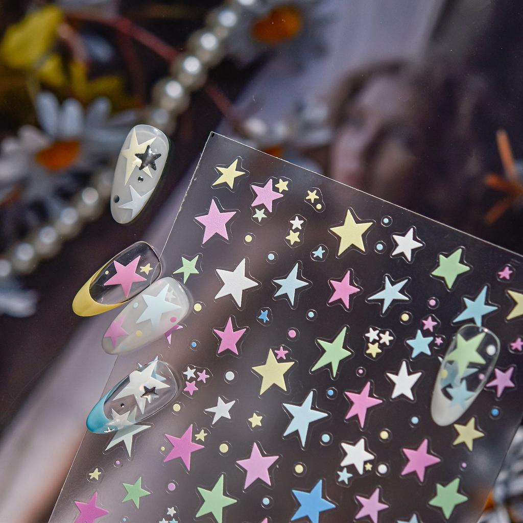 1pcs 5D Colorful Star Bow Nail Art Decoration Stickers Thin Charms Accessory Stickers Nails Back Adhesive Nails Decals DIY