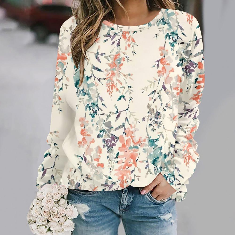 Women's casual and fashionable round neck long sleeved printed T-shirt