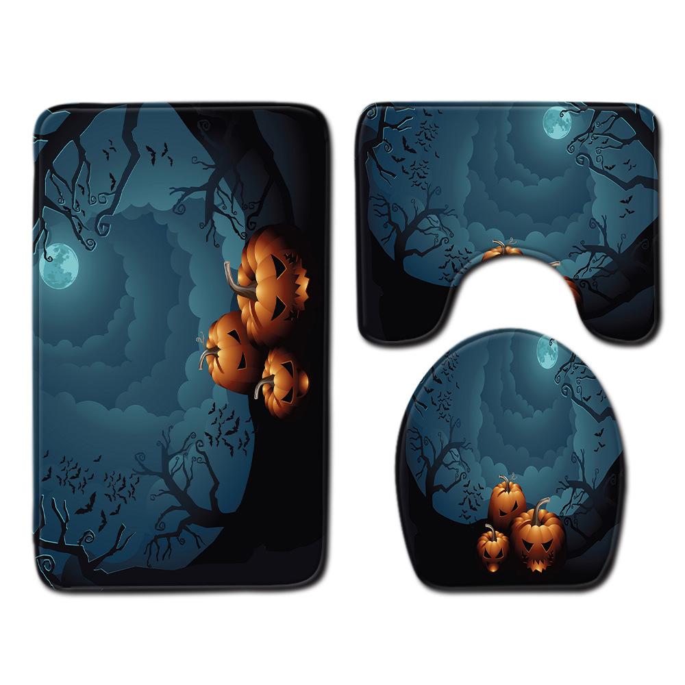 Halloween Shower Curtain Floor Mat Three-Piece Combination Set, Living Room Sand Absorbent Carpet, Bedroom Non-Slip Door Mat