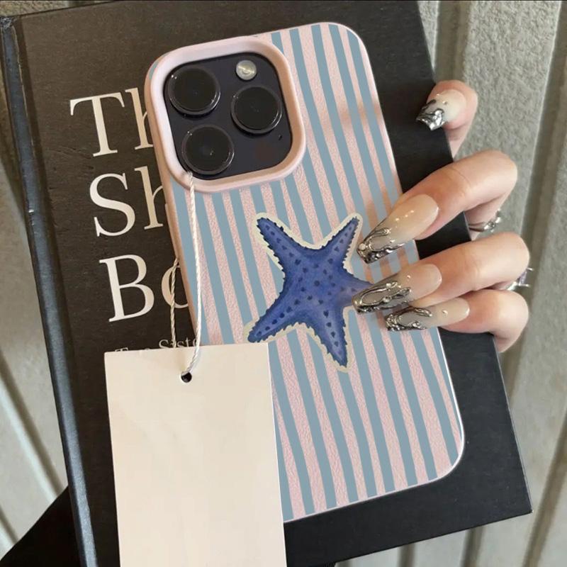 Blue Striped Starfish Pattern Soft Candy Color Phone Case For iPhone 17 16 15 14 13 12 11 Pro Max XR X XS 17Air Shockproof Cover