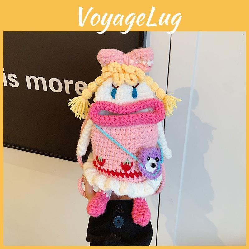Pink Lovely Knitted Crossbody Bag For Children Featuring Cute Cartoon Motif Doll