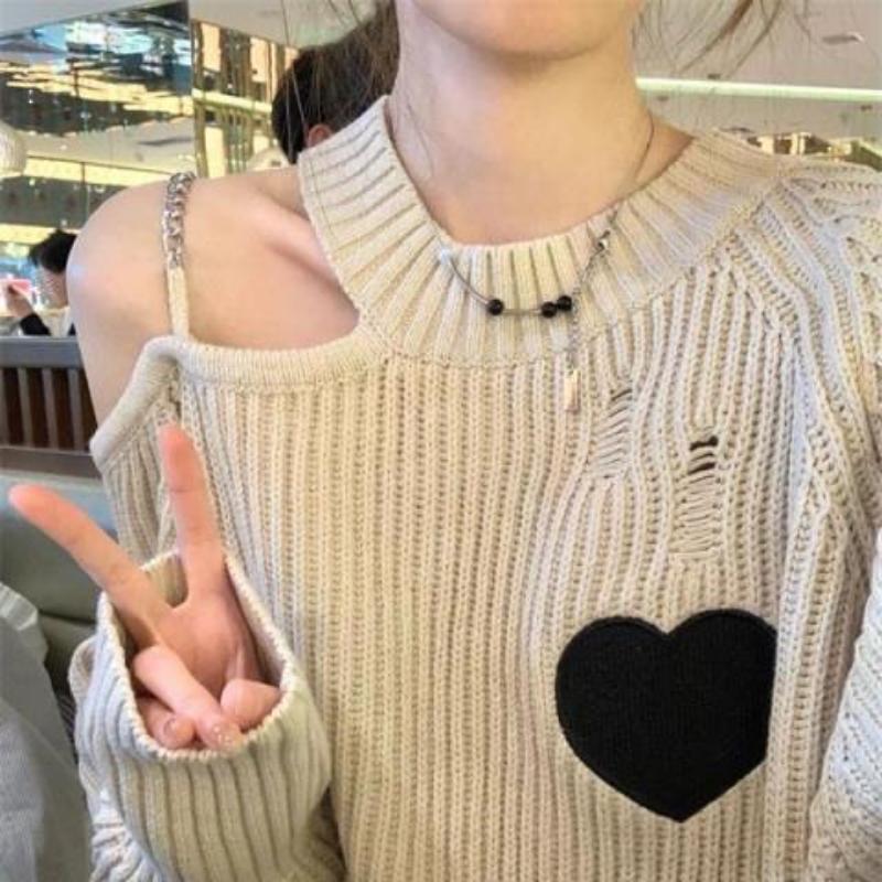 Høst og vinter Genser Dame Design Løs Genser Strikkevarer Topp Mote Love Off Shoulder Genser Dame