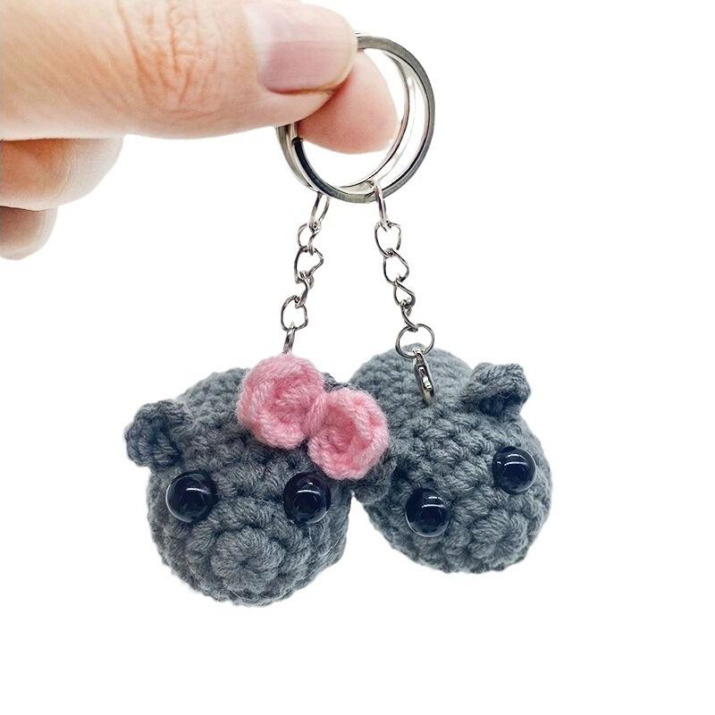 Sad Hamster Plush Keyring Cute Crochet Hamster With Bow Knitting Doll Keychain For Girls Bag Pendant Accessories