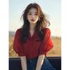 Stylish Red Puff Sleeve Blouse Women Petite Summer Casual All-match Lady Top