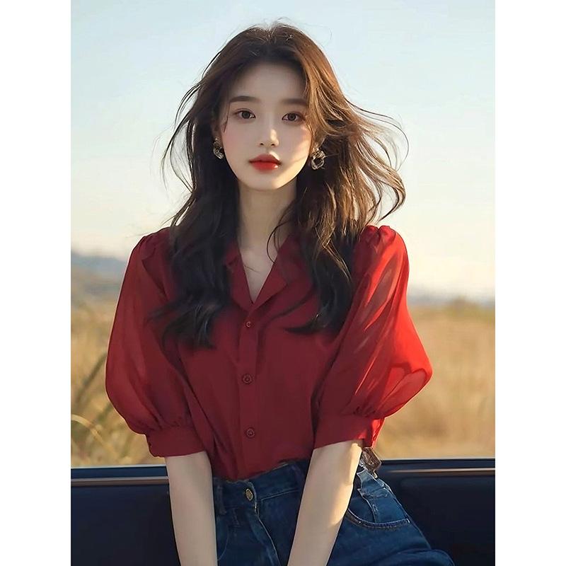 Stylish Red Puff Sleeve Blouse Women Petite Summer Casual All-match Lady Top