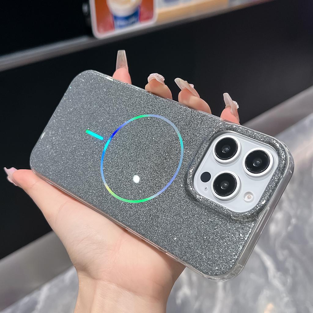 Applicable To IPhone16promax Aurora Thin Circle Magnetic Suction Phone Case Apple 15 Flash Powder Large Hole Anti Fall Protection Case