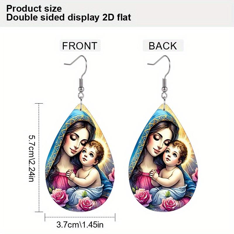 Elegant Our Lady with Angel PU Drop Dangle Earrings, Inspiration Jesus Theme Double Sided Hoop Earring,