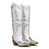 European and American new thick heel pointed head silver and white color matching western boots V mouth but knee high heel sleeve fashion boots women