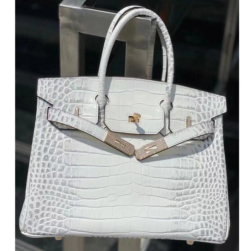 

«Сумка Kelly 2024 года с крокодиловым узором и белым бриллиантом из платины — большая вместимость для переноски» 30cm