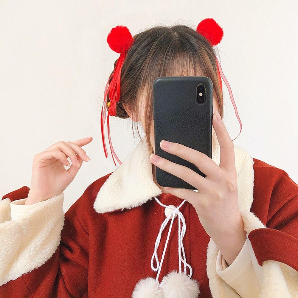 

Plush Ball Flower Red Duckbill Clips Festival Hairpins Chinese Hanfu Hair Clips Children Barrettes O