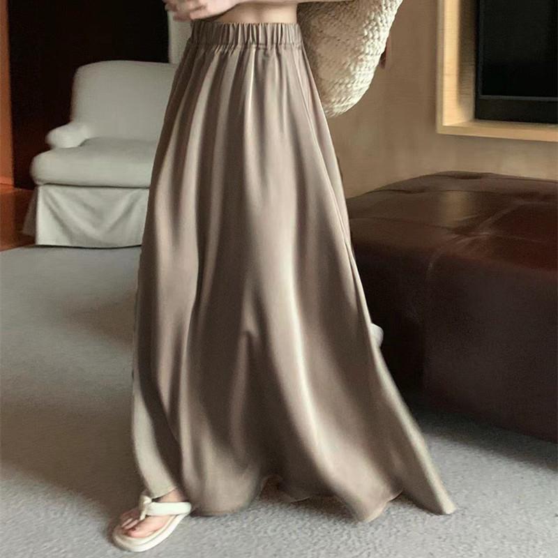 

Hepburn-Style French Acetate Satin Long Skirt for Women One Size хаки