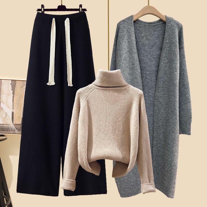 Women's Autumn 2024 Three-Piece Set: Mid-Length Cardigan Jacket, High-Neck Sweater, and Slim Wide-Leg Pants