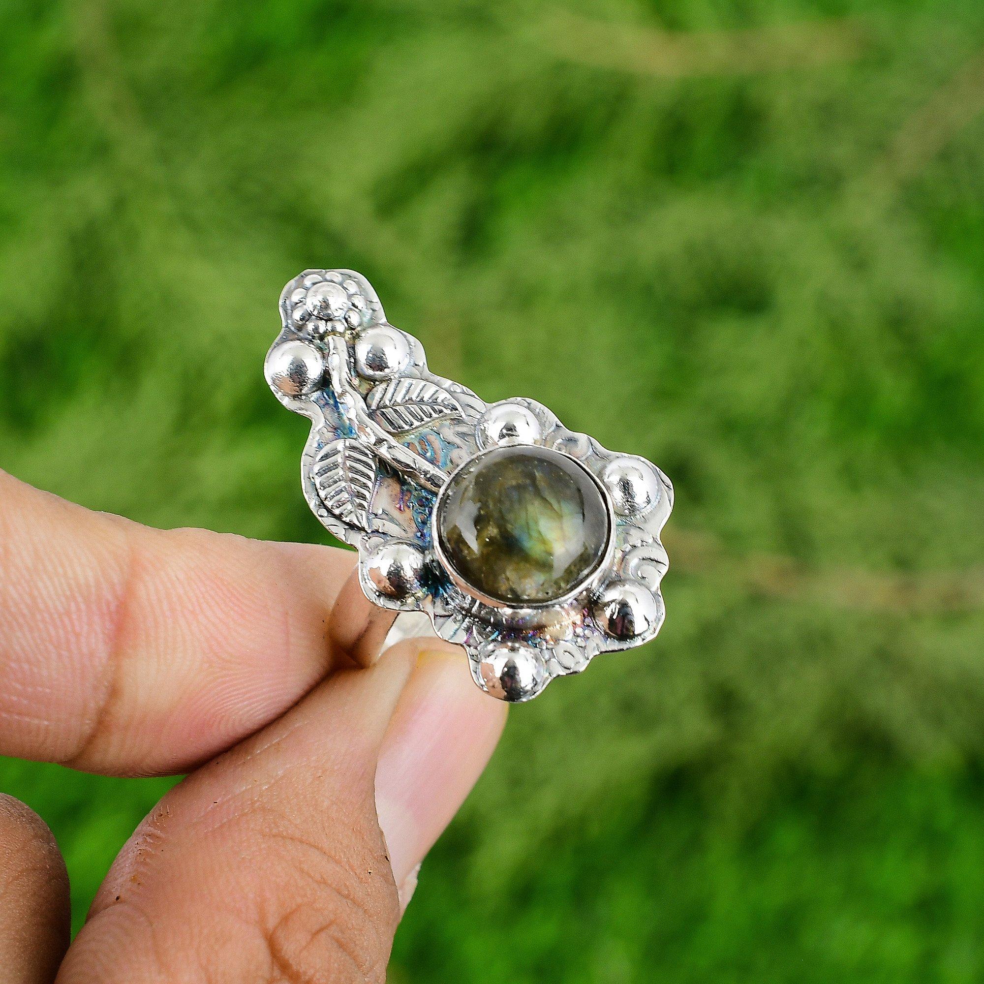 

Mothers day Sale 925 Silver Natural Labradorite Solitaire Flower Wife New Ring Adjustable