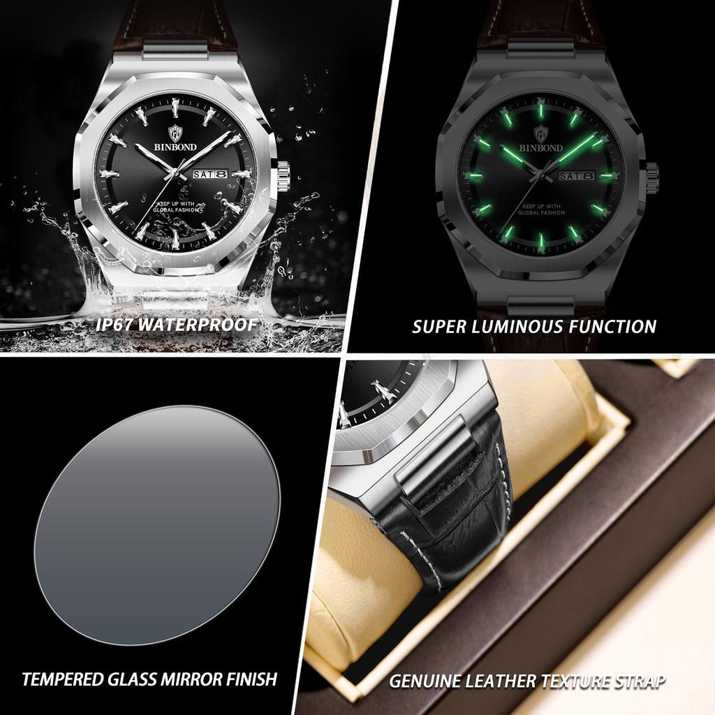 BINBOND Quartz Watches For Men Luminous Waterproof Luxury Auto Date Week Display Men's Watch Reloj Leather Wristwatch