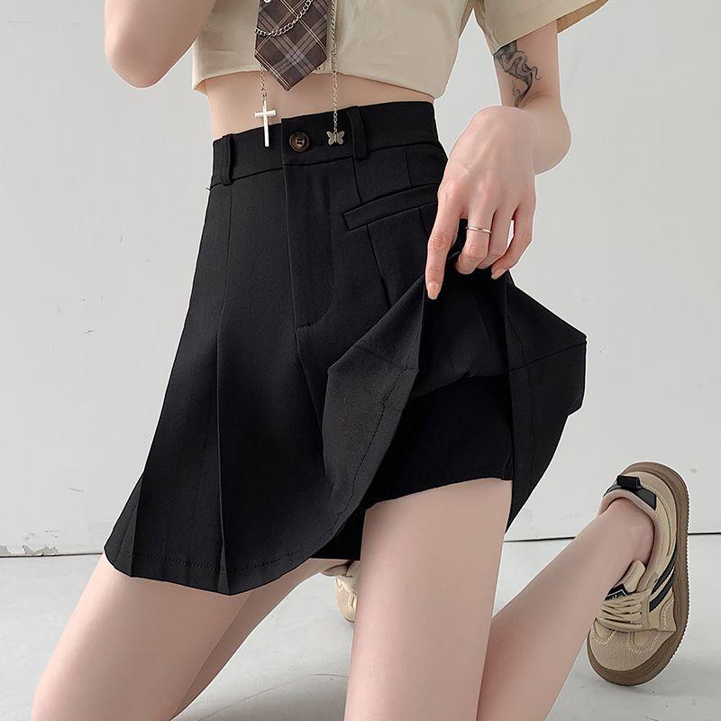

Plus Size Sweet Small Summer Gray Pleated Preppy Style A- line High Waist Suit Skirt Fashion Tape S-5XL Black L