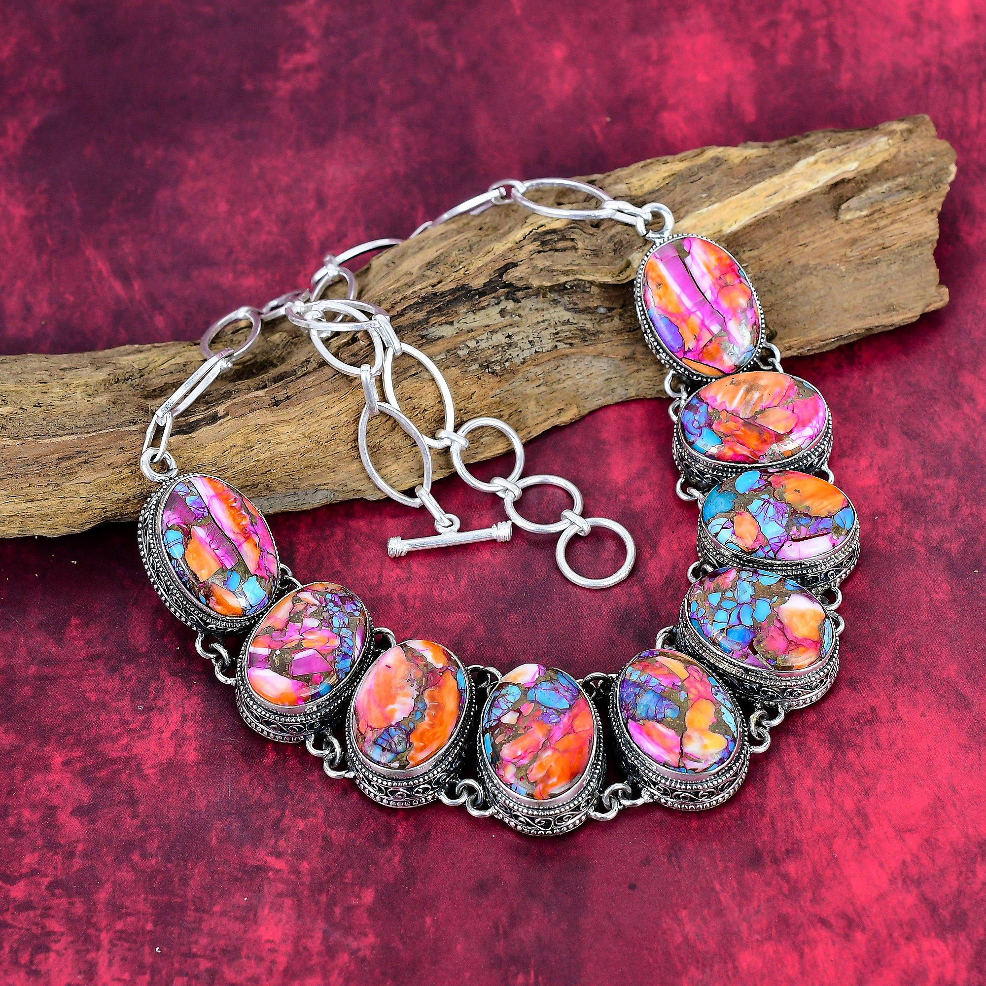 

Pink Spiny Oyster Turquoise 925 Solid Sterling Silver Necklace Adjustable, Chain Necklace Handmade Gemstone, Gift For Mom Antique Jewelry