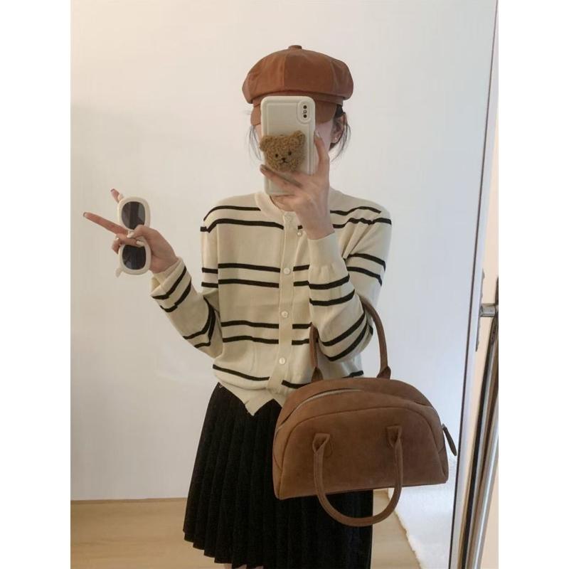 Striped Sweater Cardigan, Women's Autumn New Style, Fashionable, Elegant, Slimming, Versatile Round-neck Knitted Sweater