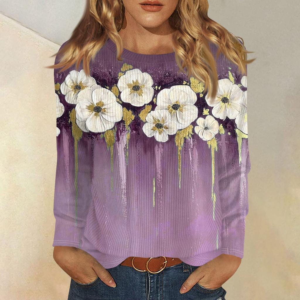 Bluzki z długim rękawem dla kobiet T-shirt Casual Print Tops T-shirt Okrągły dekolt Bluzka typu pullover
