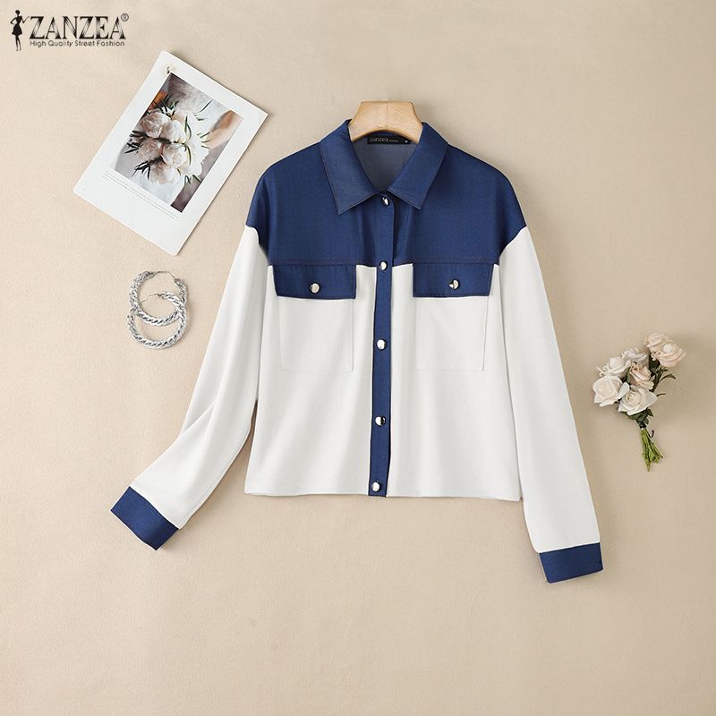 ZANZEA Dámská patchworková halenka s dlouhým rukávem s dlouhým rukávem