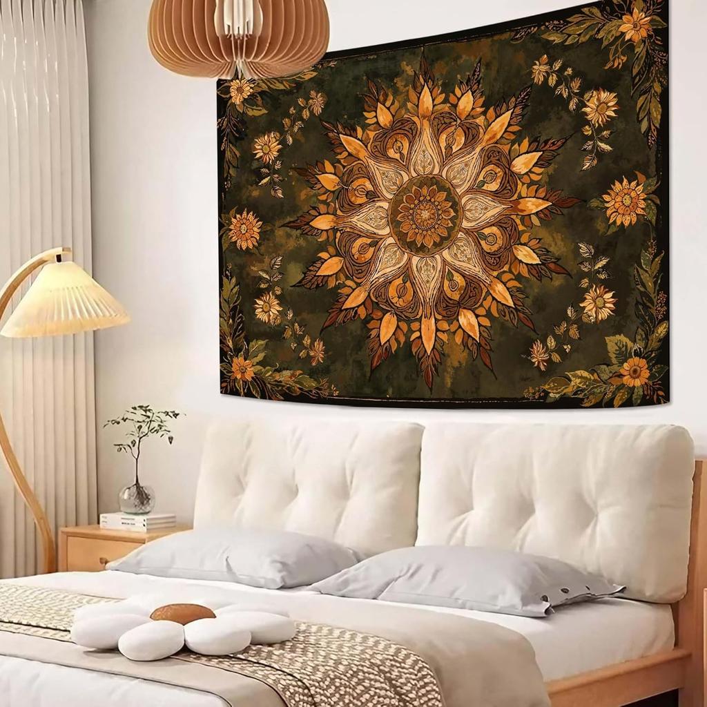 Vintage Sunflower Mandala Tapestry, Bohemian Floral Medallion Wall Hanging for Bedroom Living Room Aesthetic Home Decor