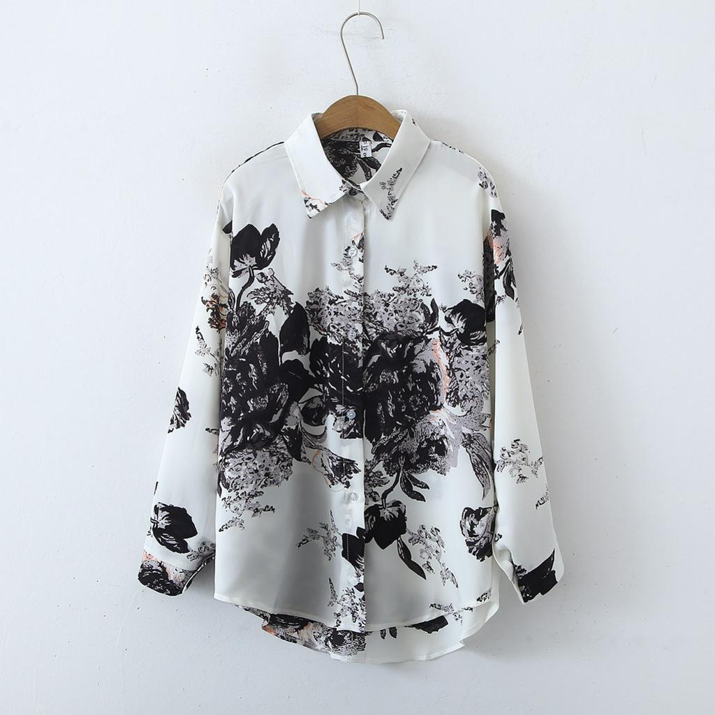 Autumn Retro Simple Printed Long-sleeved Satin Shirt Women