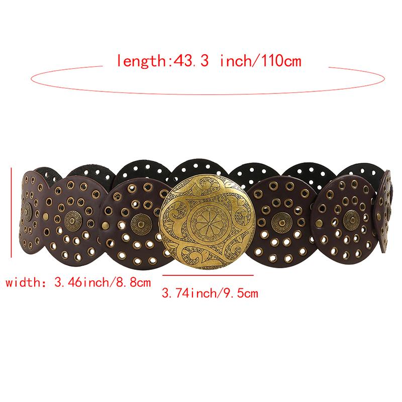 Curea Boho Disc Lată Femei Vintage Piele Pu Hollow Western Cowboy Cataramă metalică Curele cu lanț Curele rotunde exagerate