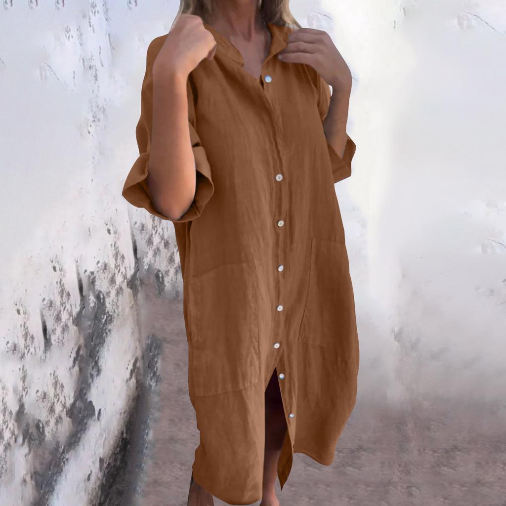 Women's Fashion Casual Button Cardigan Cotton And Linen Solid Color Dress With Pockets