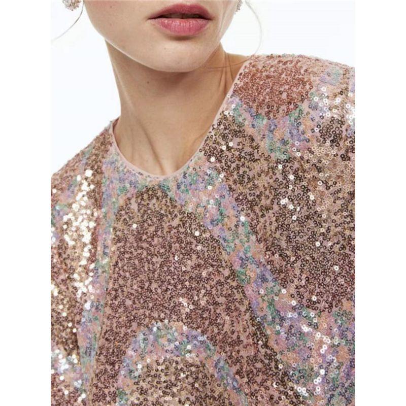 Export H Home Elegant Exquisite Sequin Disco Nightclub Shiny Long Sleeves O-neck Short Easiest for Match Autumn Dress Women